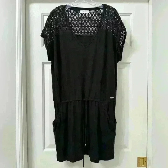 Calvin Klein Crochet Beach Coverup Casual Dress Black Drawstring 2 Pockets Sz XL - Picture 4 of 12